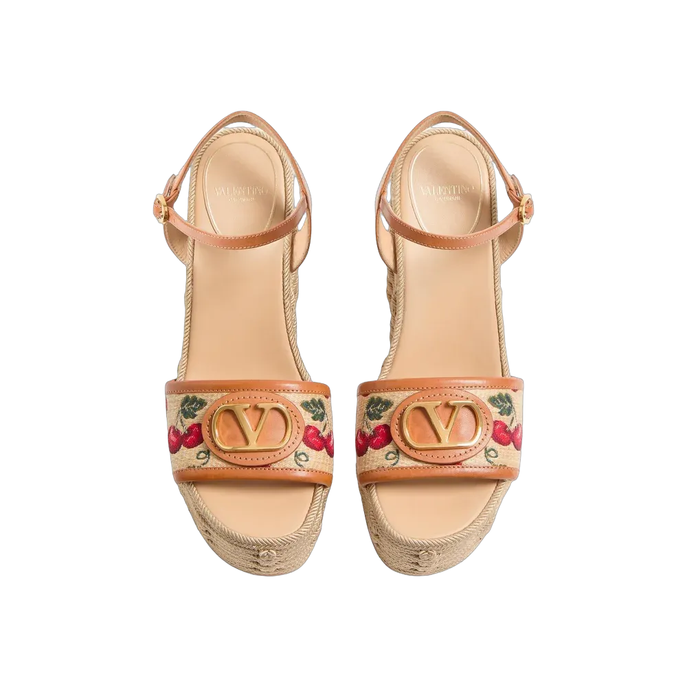 Valentino VLogo Signature Cherryfic Pattern Wedge Sandal 120mm Natural