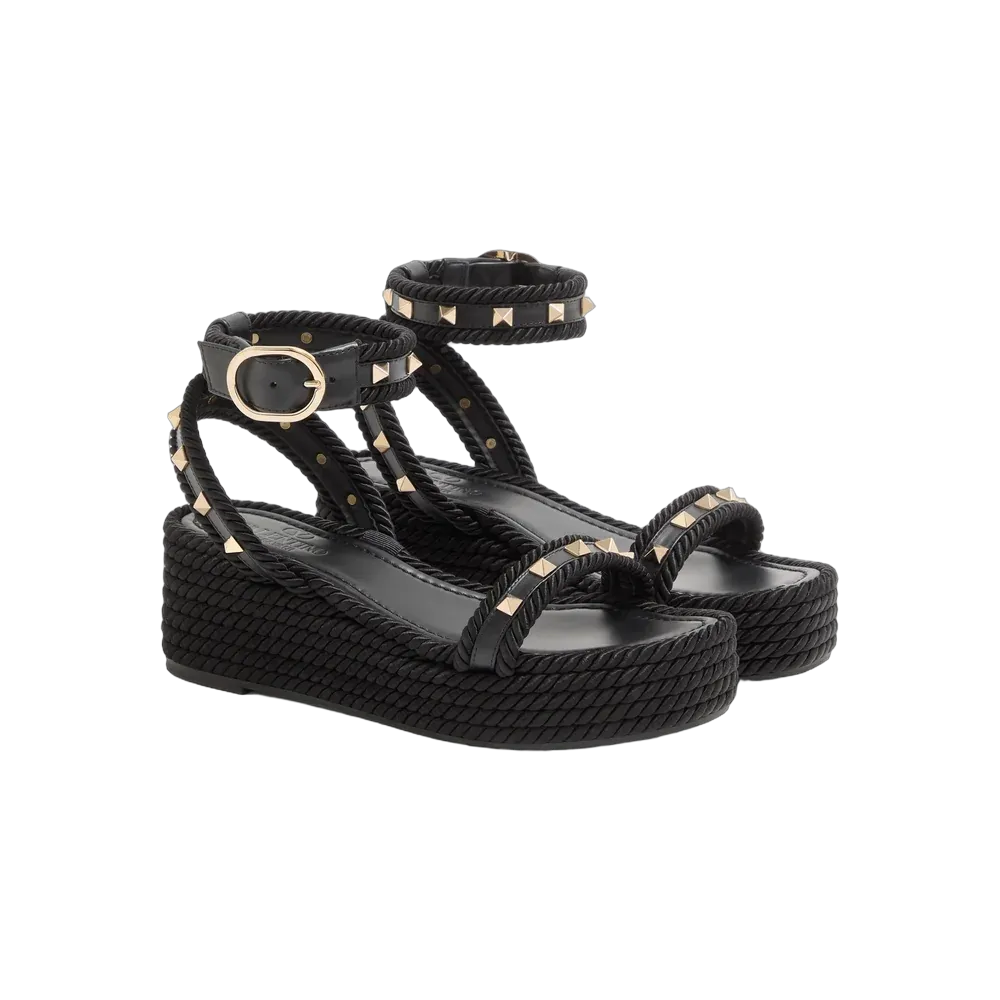 Valentino Rockstud Flatform Sandal In Calfskin 45mm Black