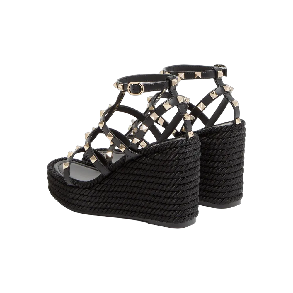 Valentino Rockstud Ankle Strap Wedge Sandal In Calfskin Leather 95mm Black