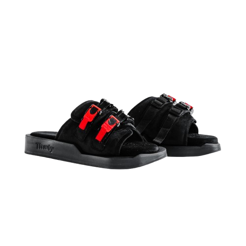 Black streetwear slides with red buckles and thick sole, stylish designer sandals
