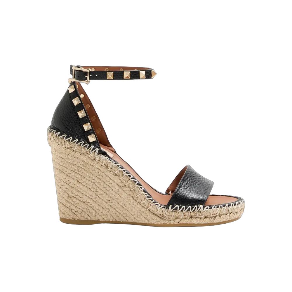 Valentino Double Rockstud Grainy Calfskin Wedge Sandal 105mm Black