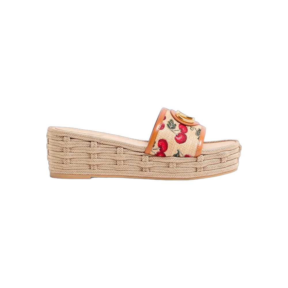 Valentino VLogo Signature Flatform Sandal In Jacquard Raffia With Cherryfic Motif 60mm Natural
