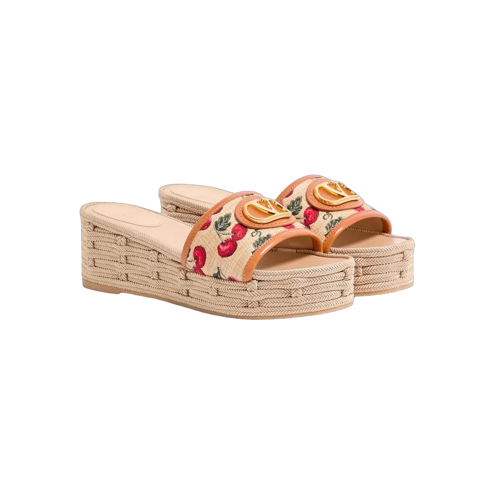 Valentino VLogo Signature Flatform Sandal In Jacquard Raffia With Cherryfic Motif 60mm Natural