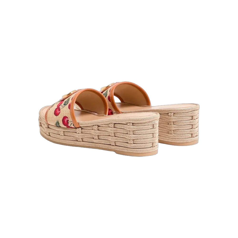 Valentino VLogo Signature Flatform Sandal In Jacquard Raffia With Cherryfic Motif 60mm Natural