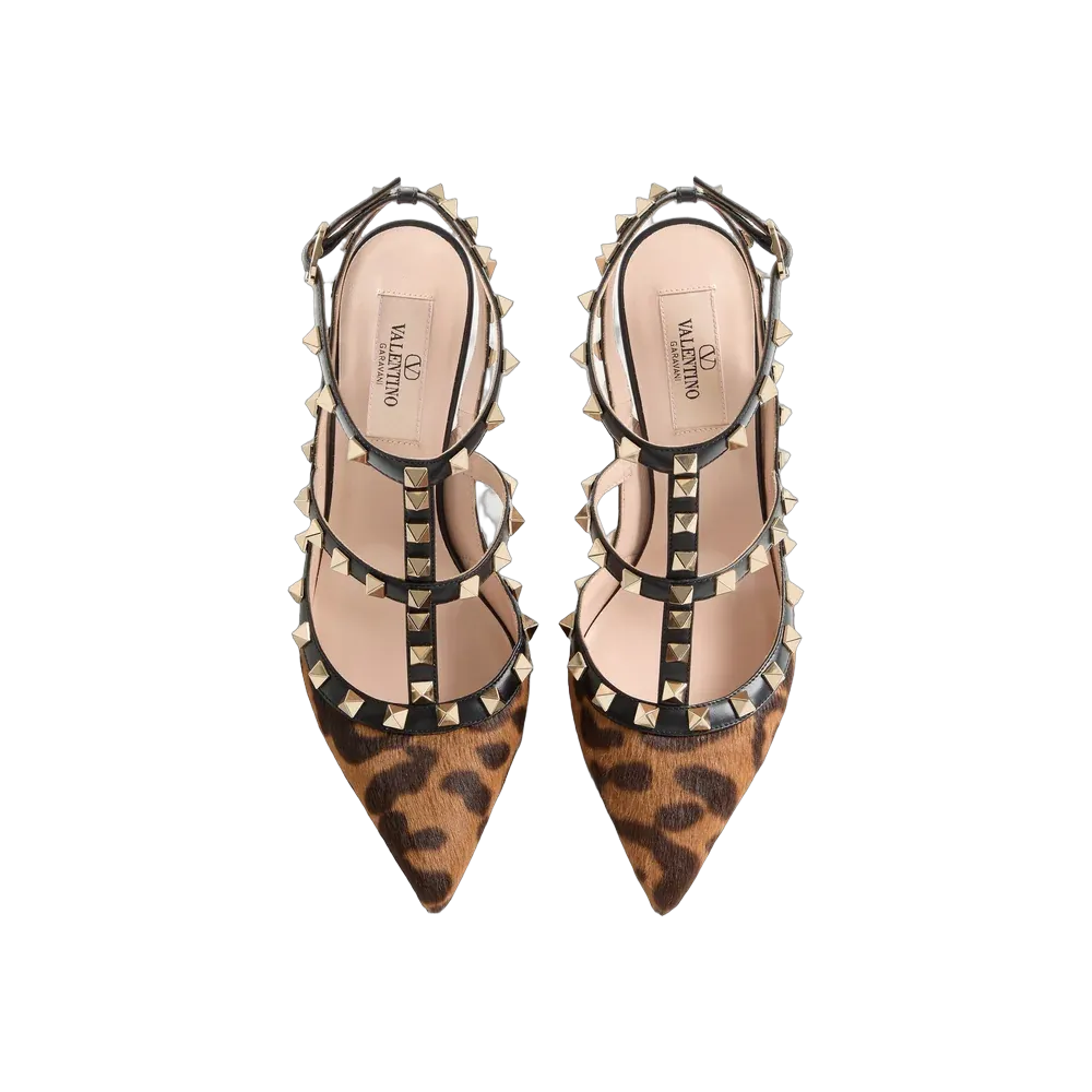 Valentino Rockstud Pumps With Straps In Pony-Effect Calfskin 100mm Brown