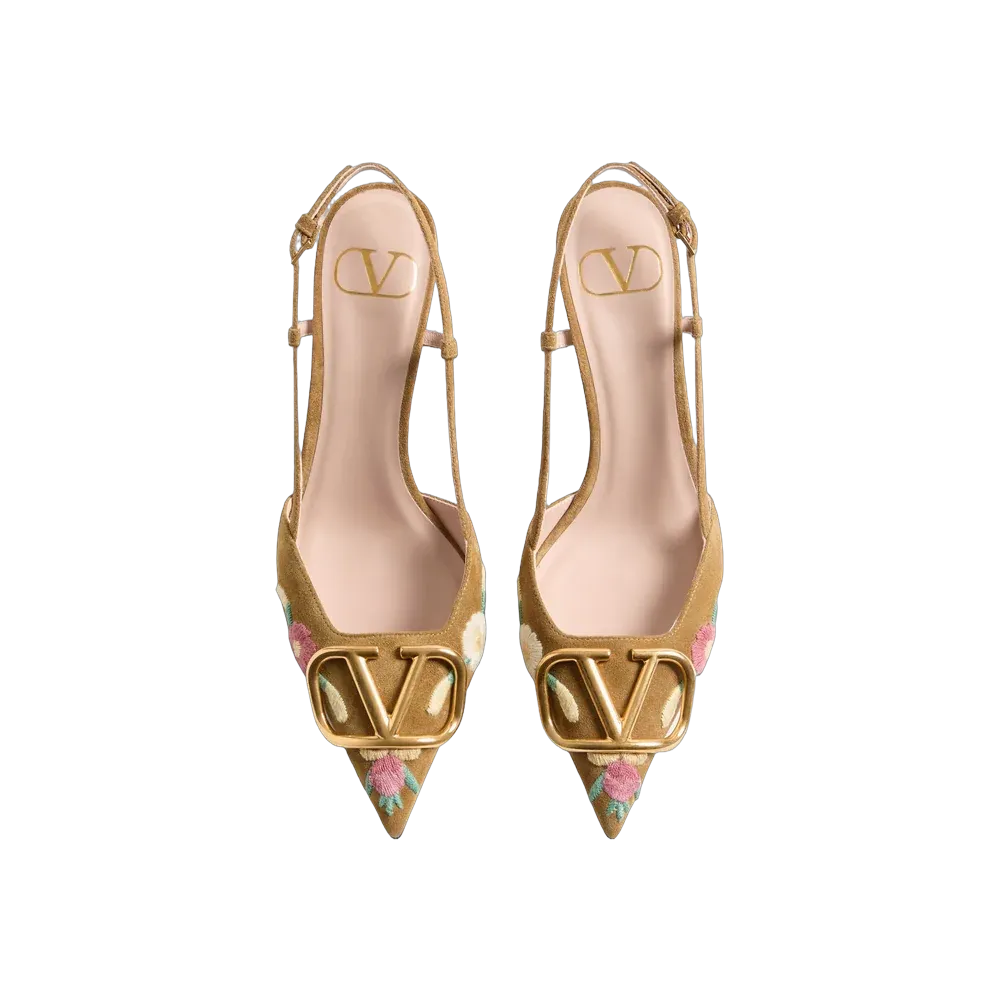 Valentino VLogo Signature Slingback Pump In Crust Leather With Floral Embroidery 80mm Havana Beige
