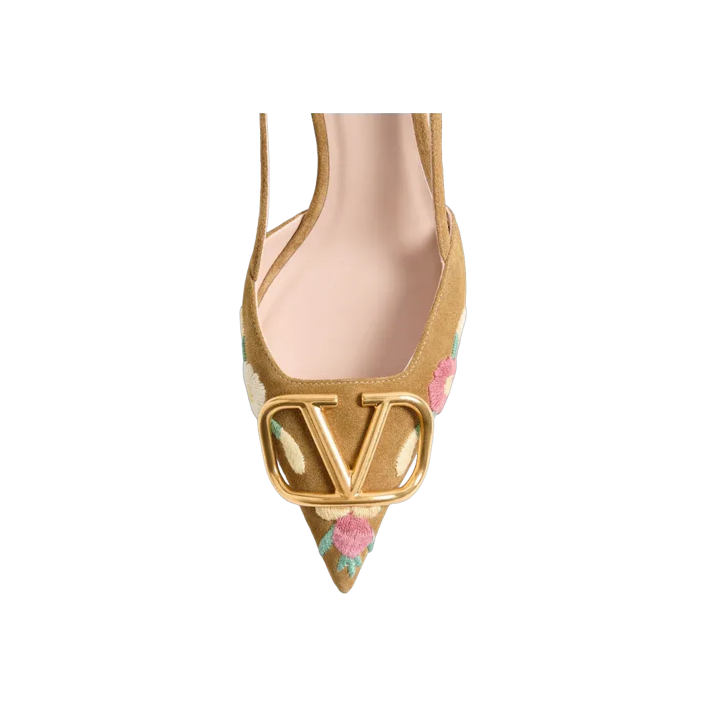 Valentino VLogo Signature Slingback Pump In Crust Leather With Floral Embroidery 80mm Havana Beige