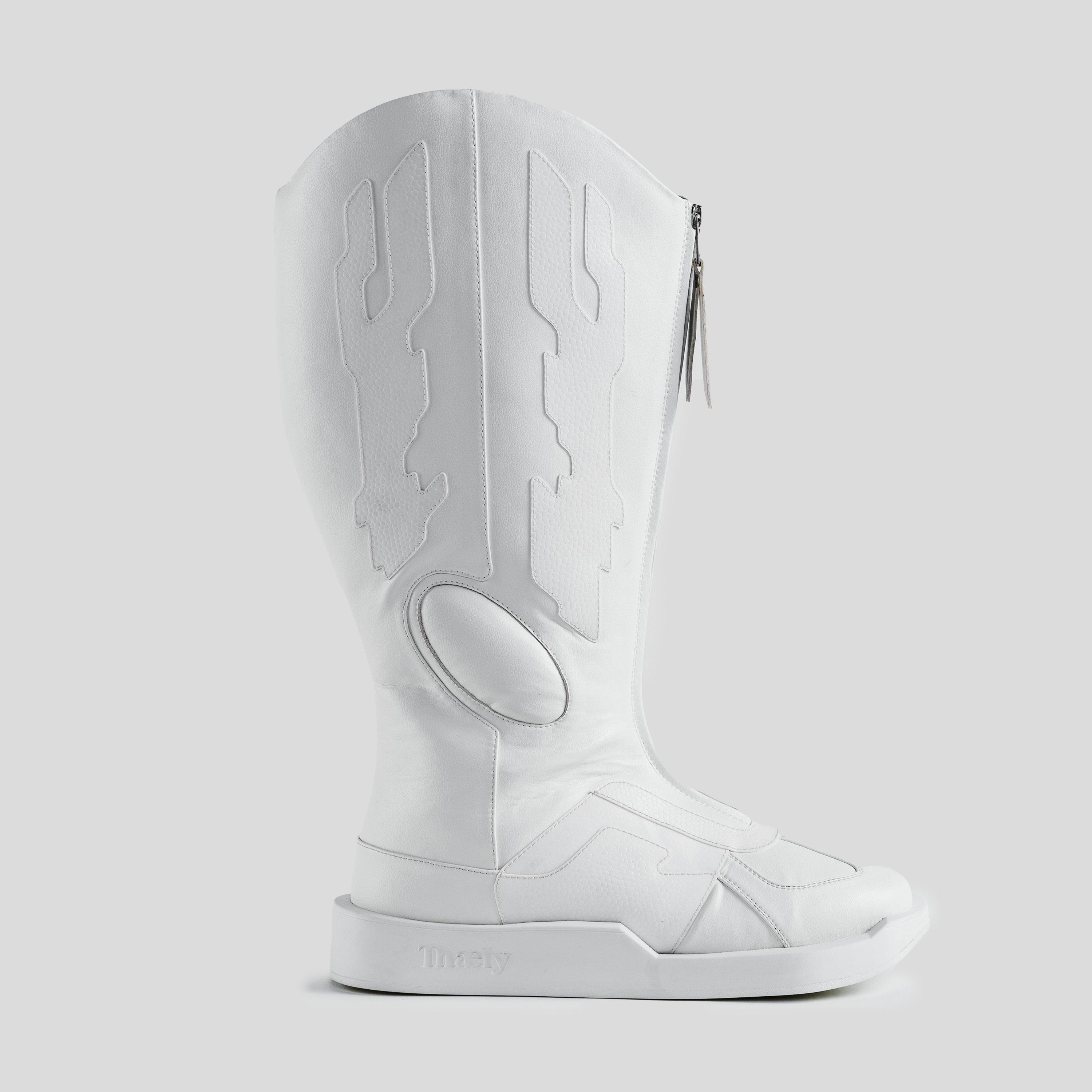 White designer knee-high boot with side zipper and textured stitching details, streetwear footwear