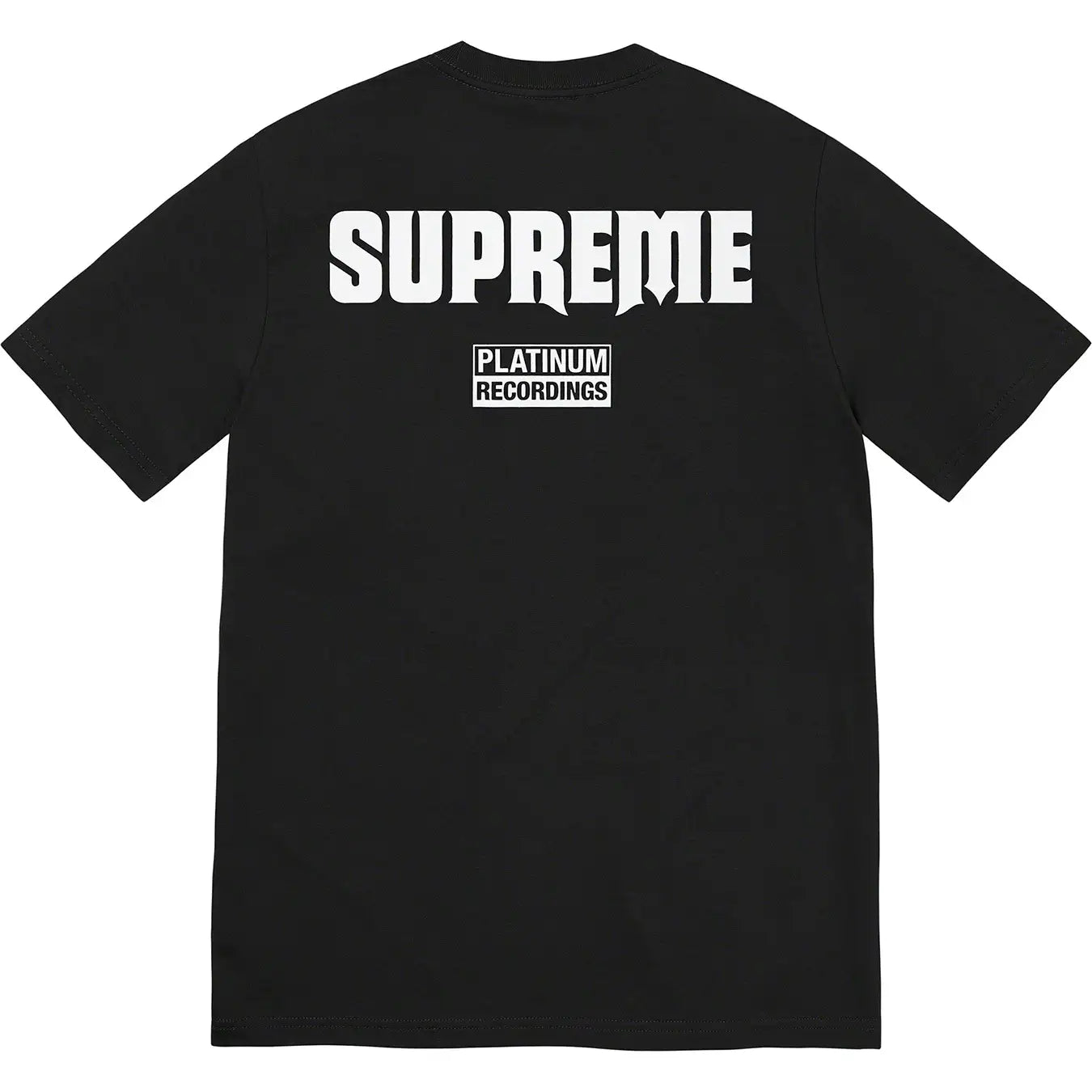 Black streetwear t-shirt with bold SUPREME and PLATINUM RECORDINGS print on the back