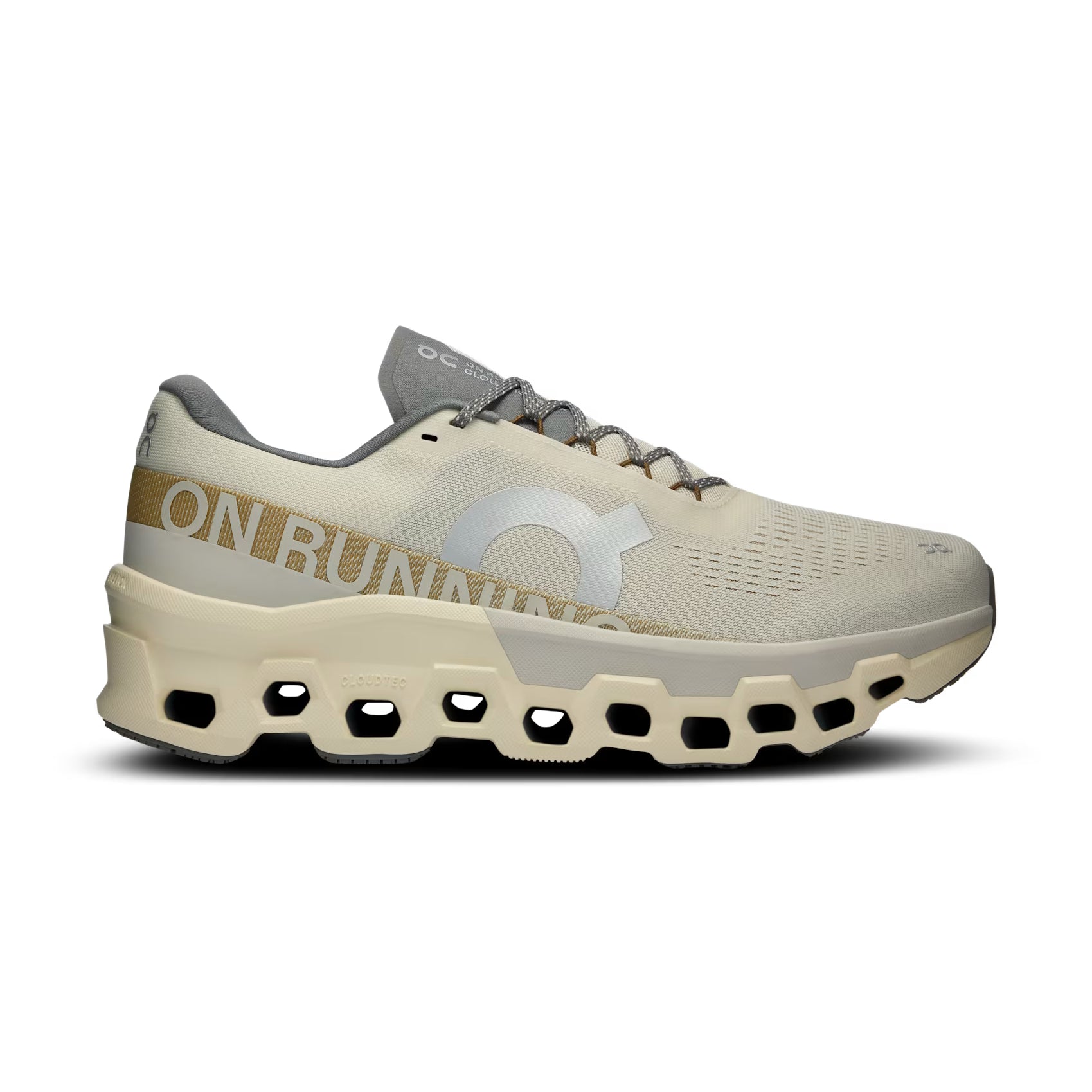 Beige and gray On Running sneaker with mesh upper and chunky cushioned sole