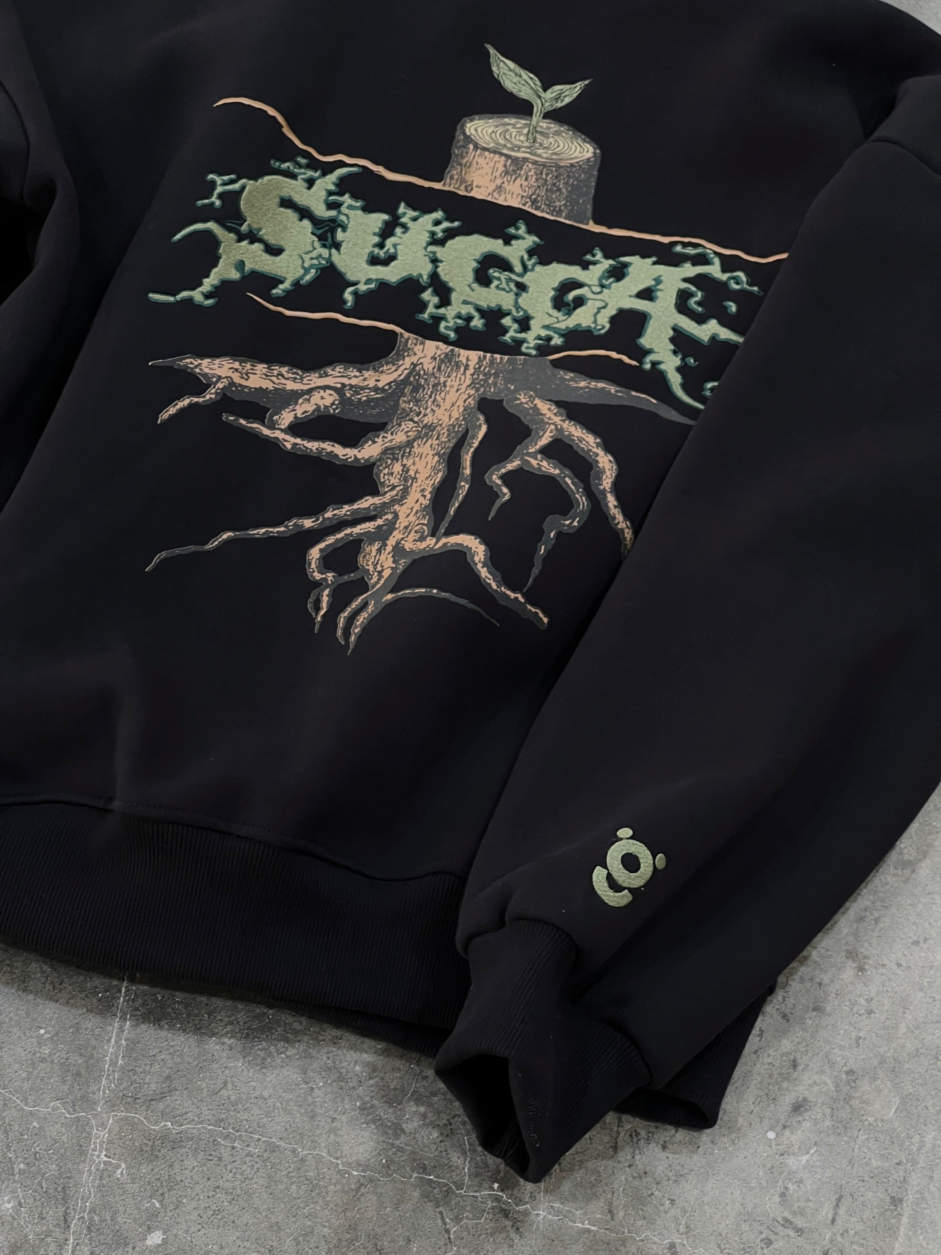 Black streetwear sweatshirt with stump, roots, sprout, graphic text and sleeve detail on concrete