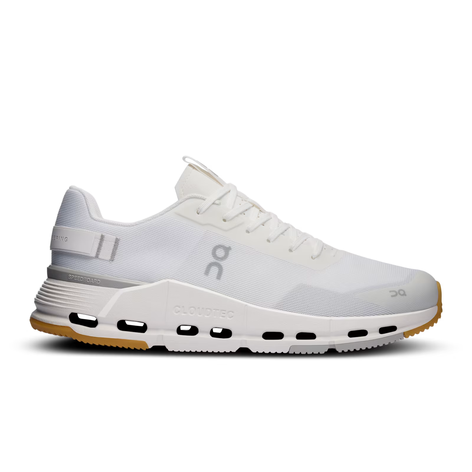 White designer sneaker with mesh upper, cushioned sole, and grey logo, ideal for streetwear