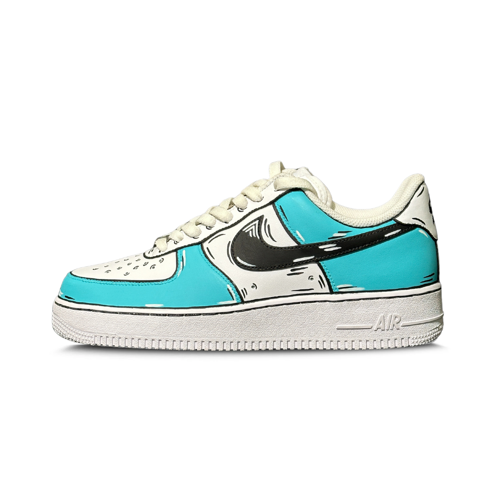 White and turquoise streetwear sneaker with black comic-style outlines, side view