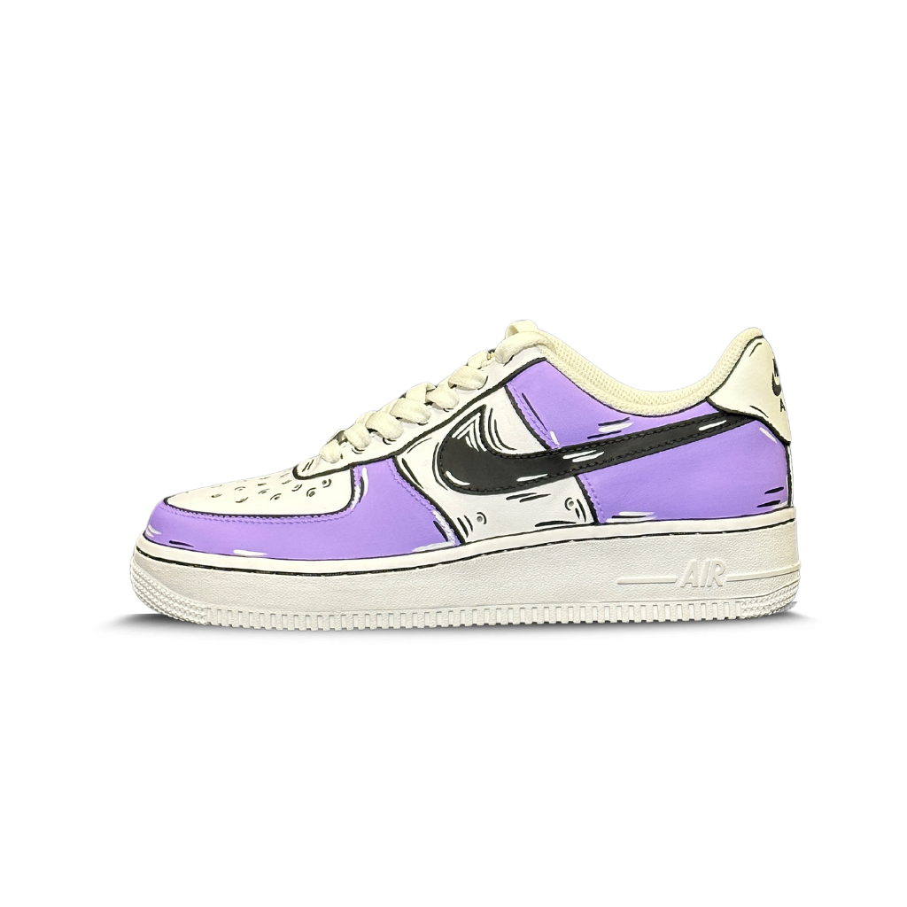 Purple and white low-top streetwear sneaker with black graphic detailing and white sole