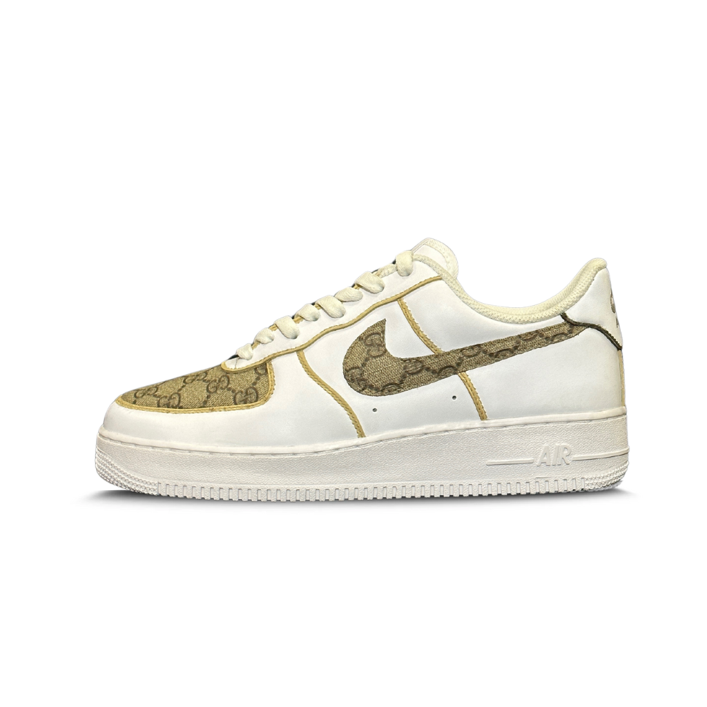 White streetwear sneaker with beige monogram details and classic low-top silhouette