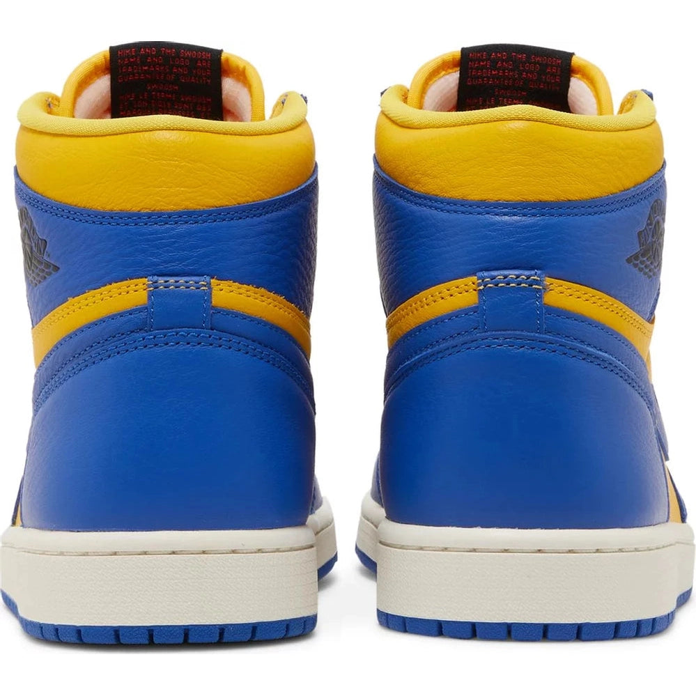 Rear view of blue and yellow high-top sneakers with white soles, streetwear footwear