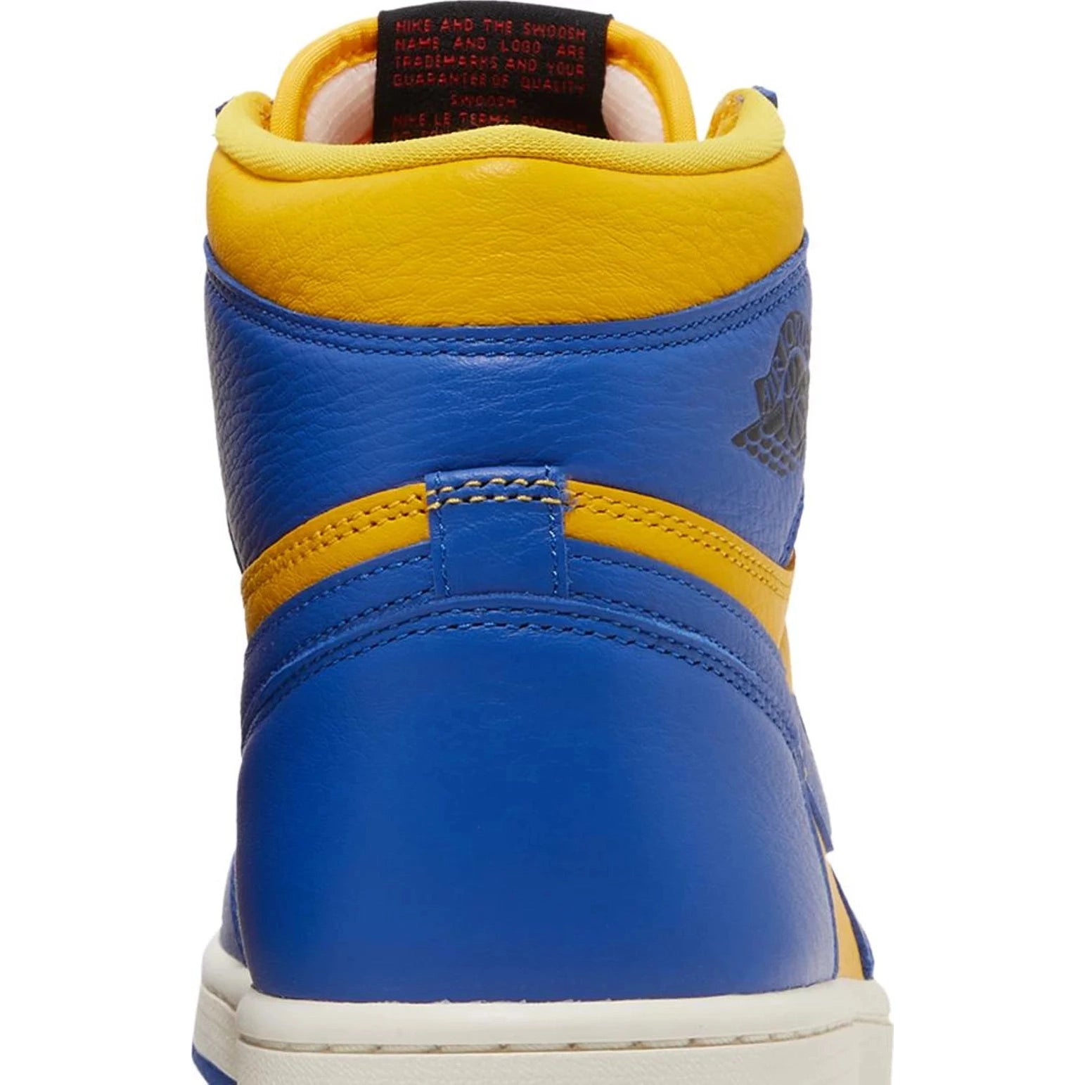Back view of a high-top sneaker in blue and yellow leather with basketball logo detail