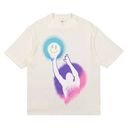 Cream streetwear t-shirt with colorful basketball player graphic and smiley face ball