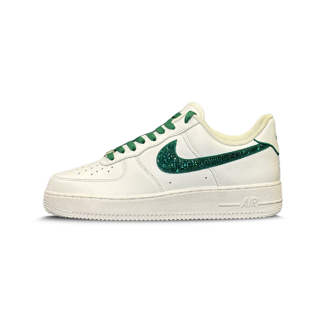 White leather sneaker with green glitter Nike Swoosh and matching green laces, streetwear style