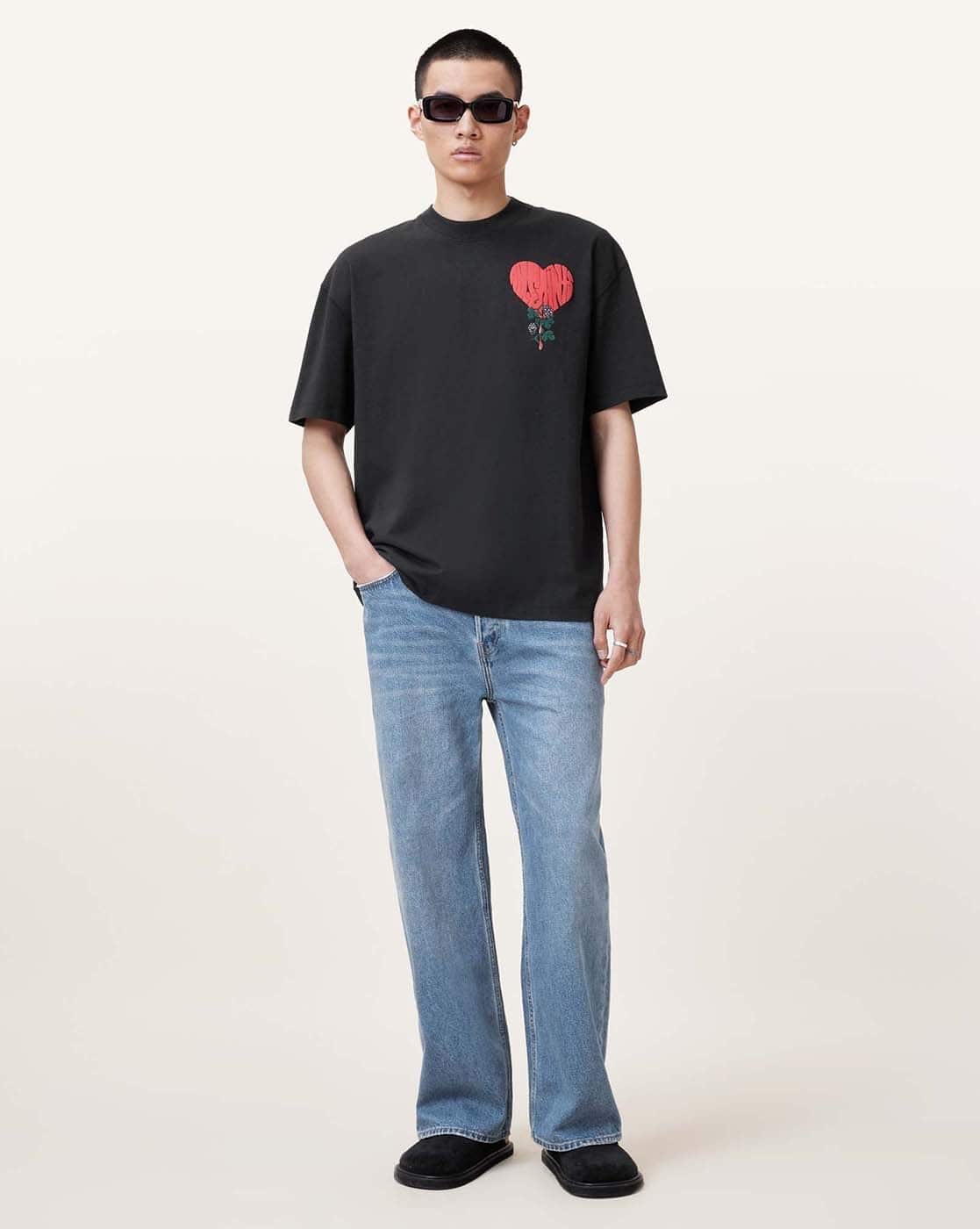 All Saints Men Sown Print Oversized Crew-Neck Organic Cotton T-Shirt 'Washed Black'