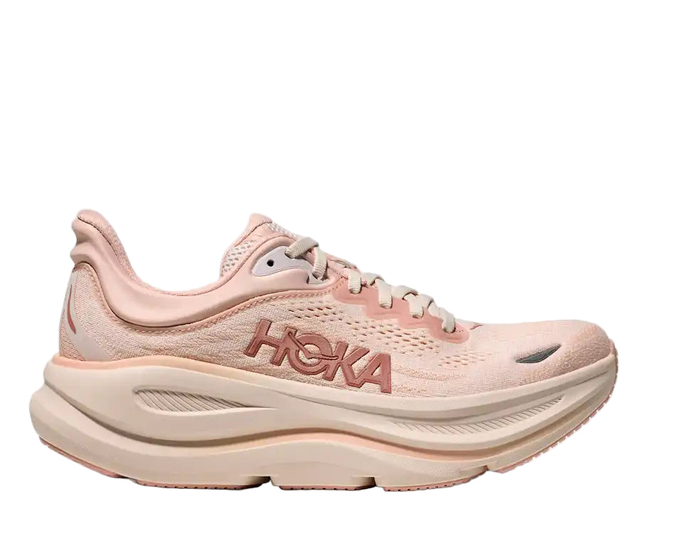Pink running shoe with 'Hoka' branding on a white background