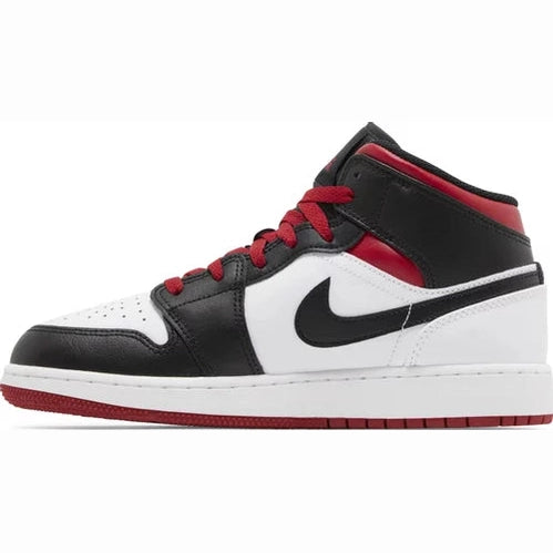 Black, white, and red high-top sneaker with Nike swoosh, streetwear style footwear