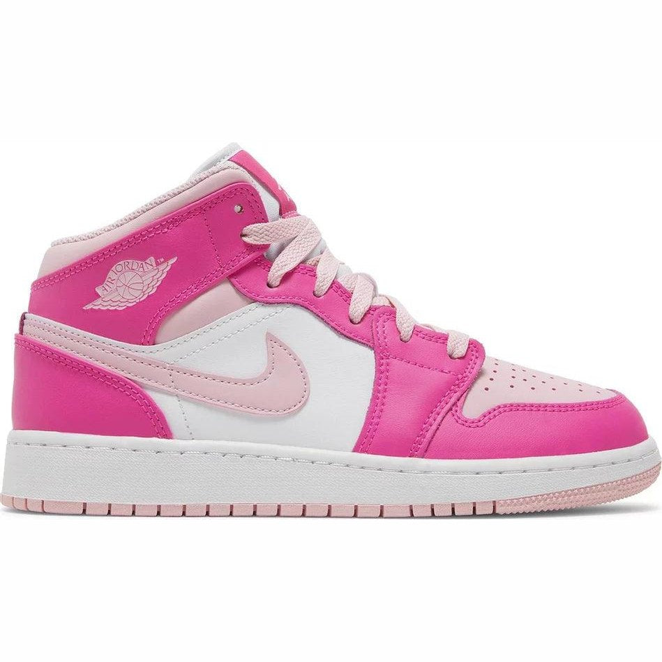 Pink and white high top sneaker with pink laces and signature logo, streetwear shoe