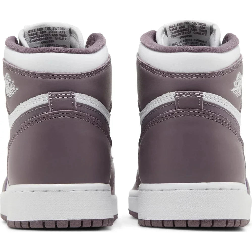Rear view of purple and white high-top sneakers with leather panels and white soles