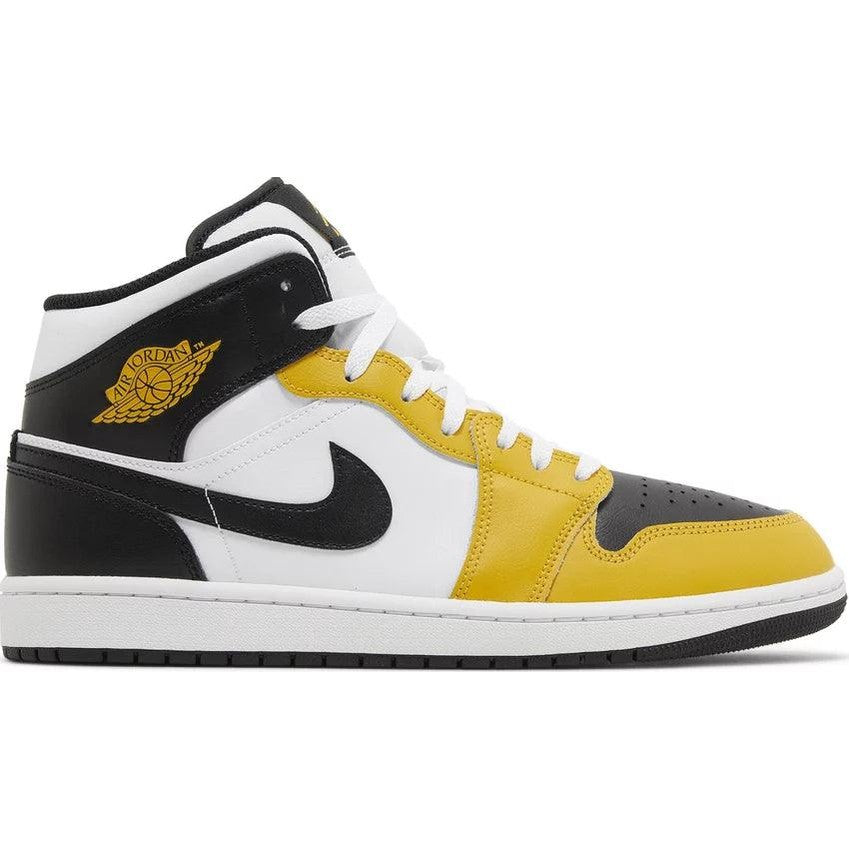 Yellow, black, and white high-top sneaker with side logo and white laces, streetwear shoe