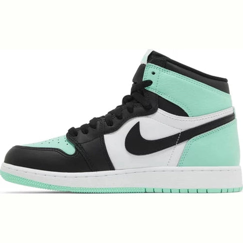 High-top sneaker with mint green, black, and white color blocking, featuring a black Nike swoosh.