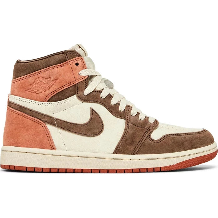 High-top sneaker with cream, brown, and rust suede panels and a Nike swoosh logo