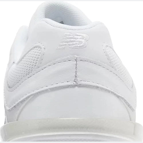 Rear view of a white New Balance sneaker with leather and mesh accents