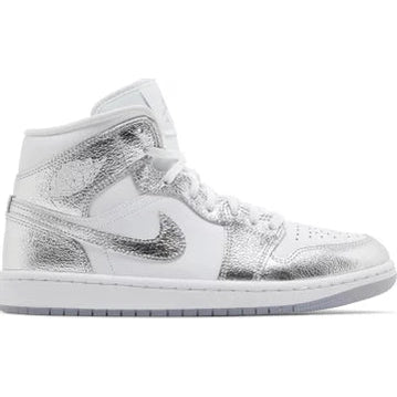 White and metallic silver high-top sneaker with textured leather panels and Nike swoosh logo