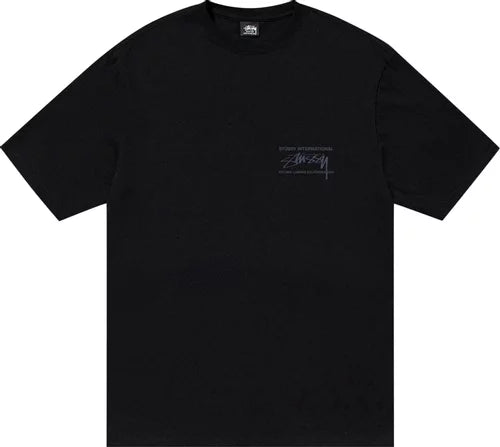 Black streetwear graphic t-shirt with small chest logo print, short sleeves, and crew neck