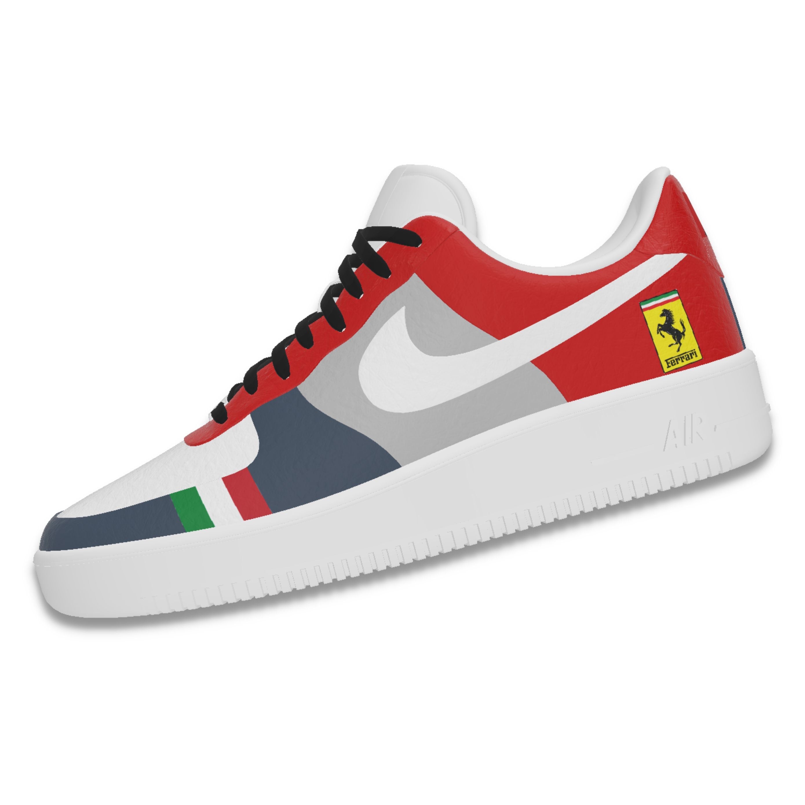 Colorful streetwear sneaker with red, grey, white, and green accents, Ferrari-inspired patch, and black laces.
