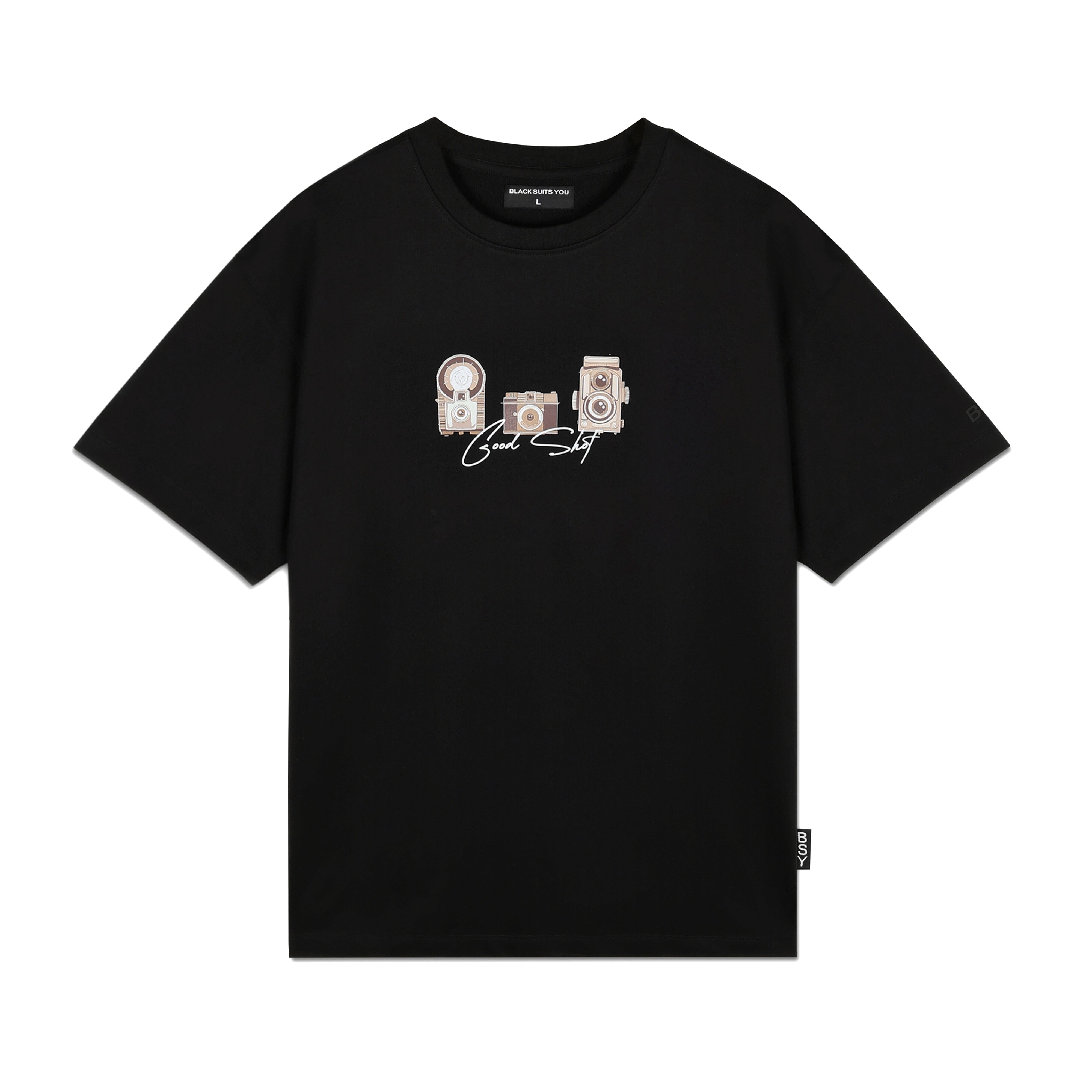 Black streetwear t-shirt with vintage camera graphic and 'Good Stuff' text on front