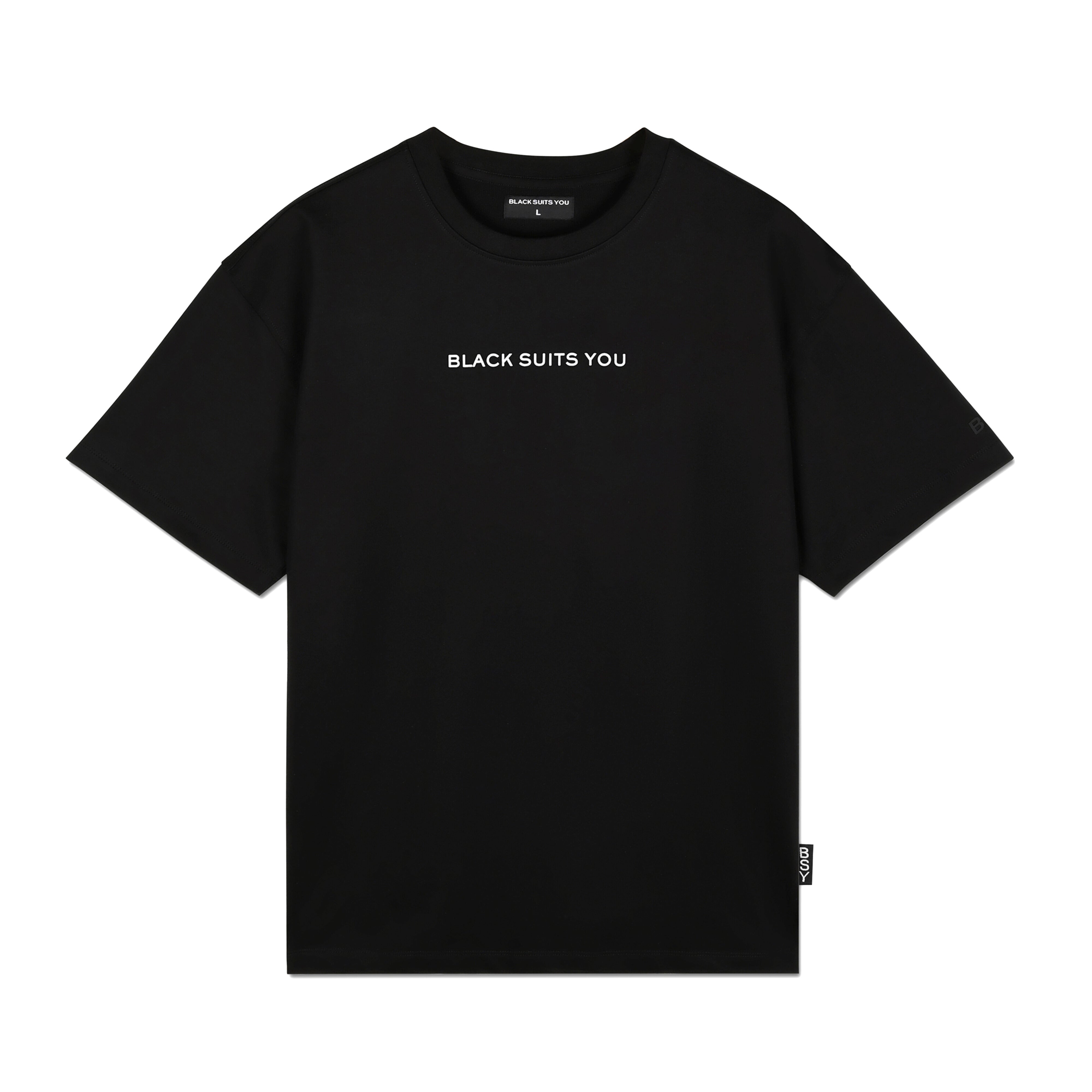 Black streetwear t-shirt with 'BLACK SUITS YOU' text on front, laid flat