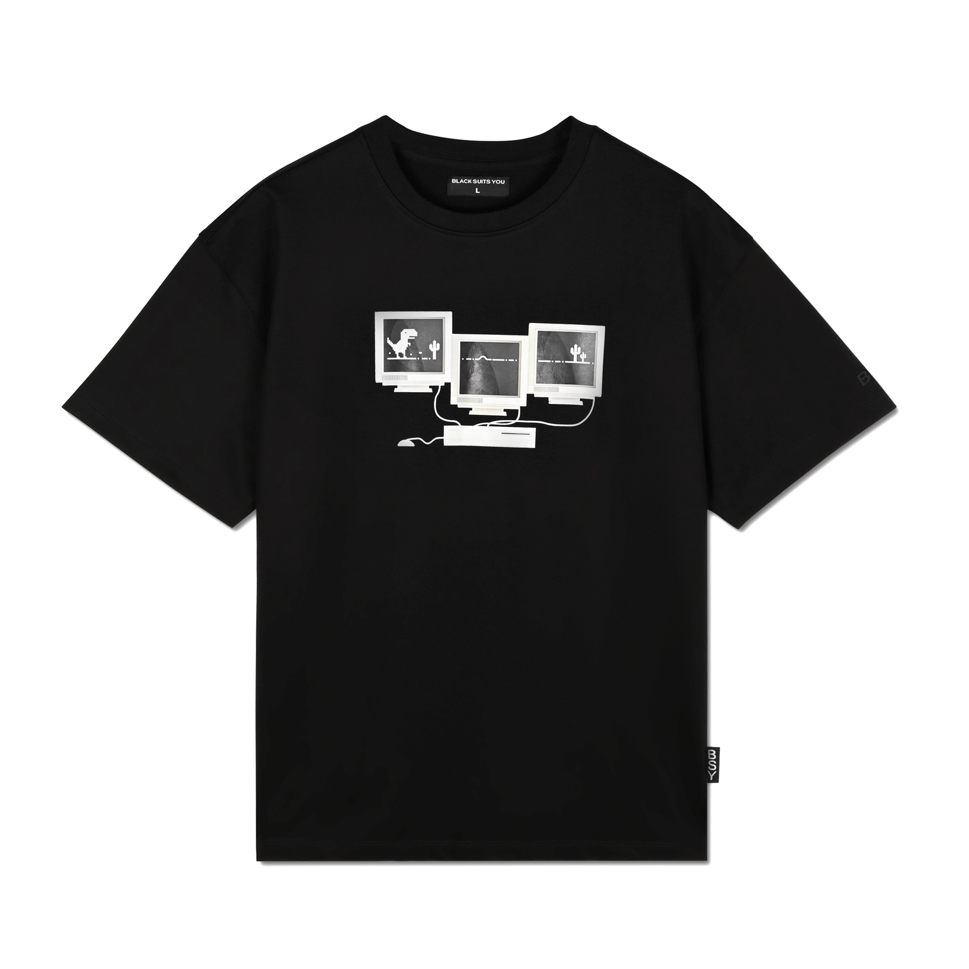 Black streetwear t-shirt with retro computer and pixel art graphic design on chest