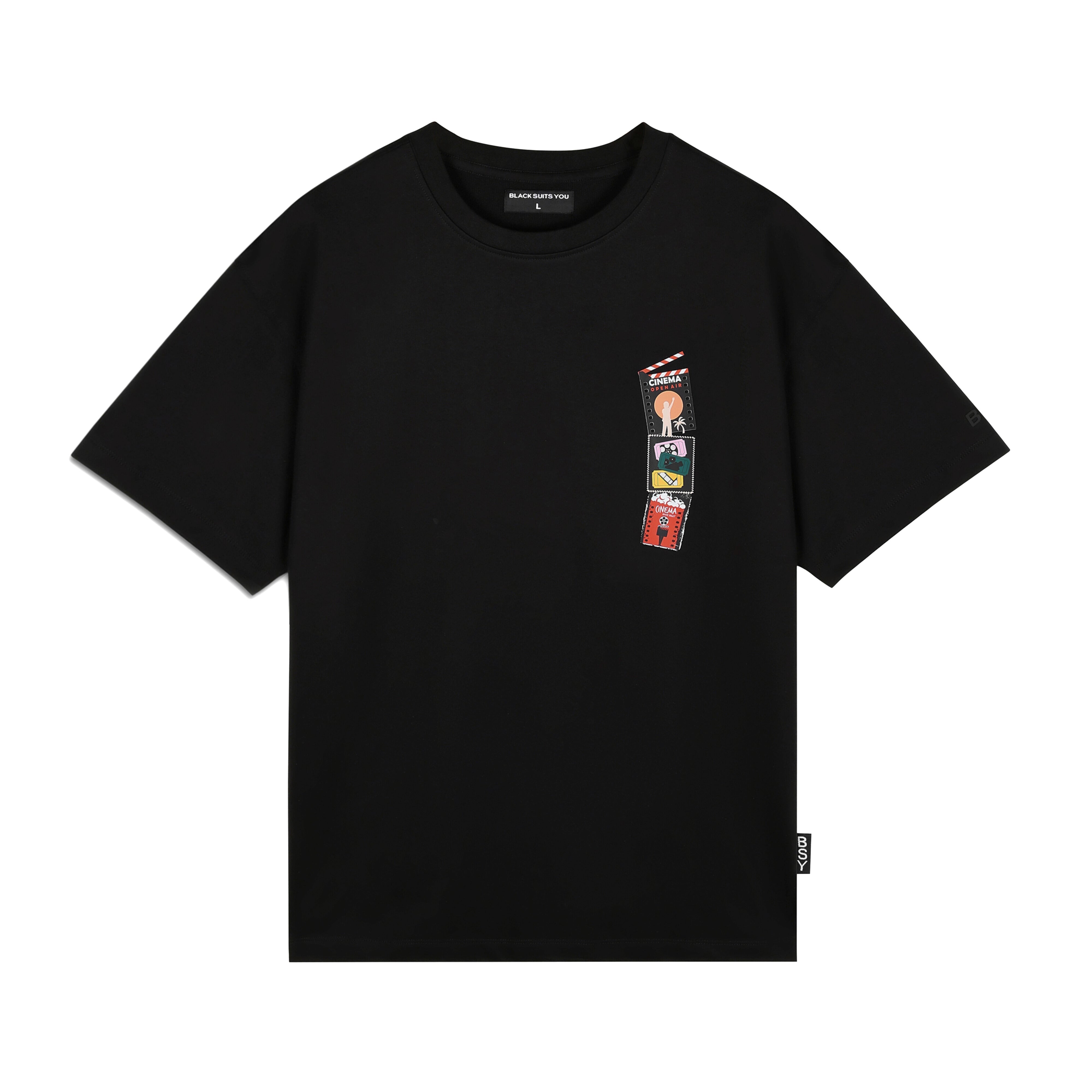 Black streetwear t-shirt with colorful graphic movie ticket prints on the chest