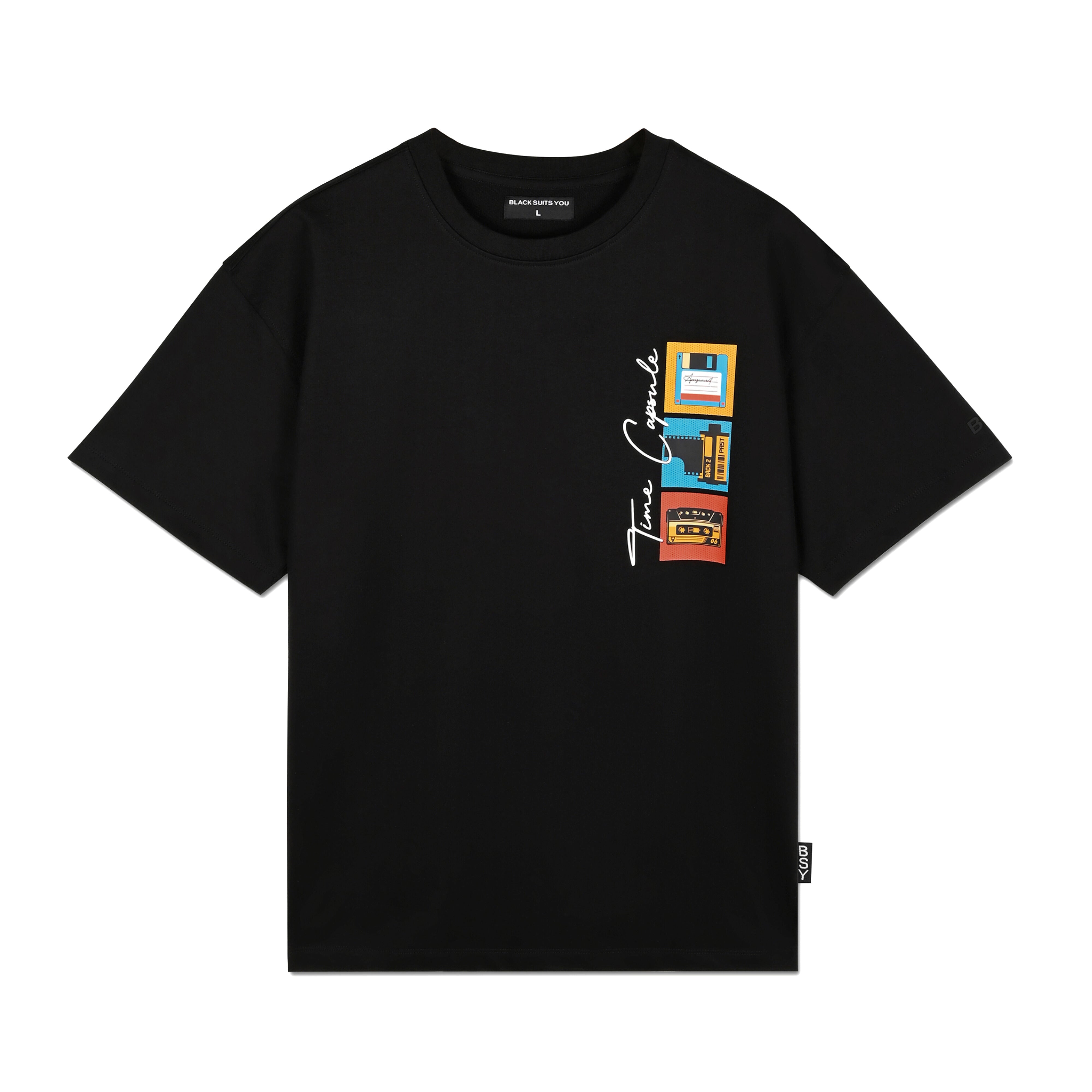 Black streetwear t-shirt with colorful retro cassette and floppy disk graphic design