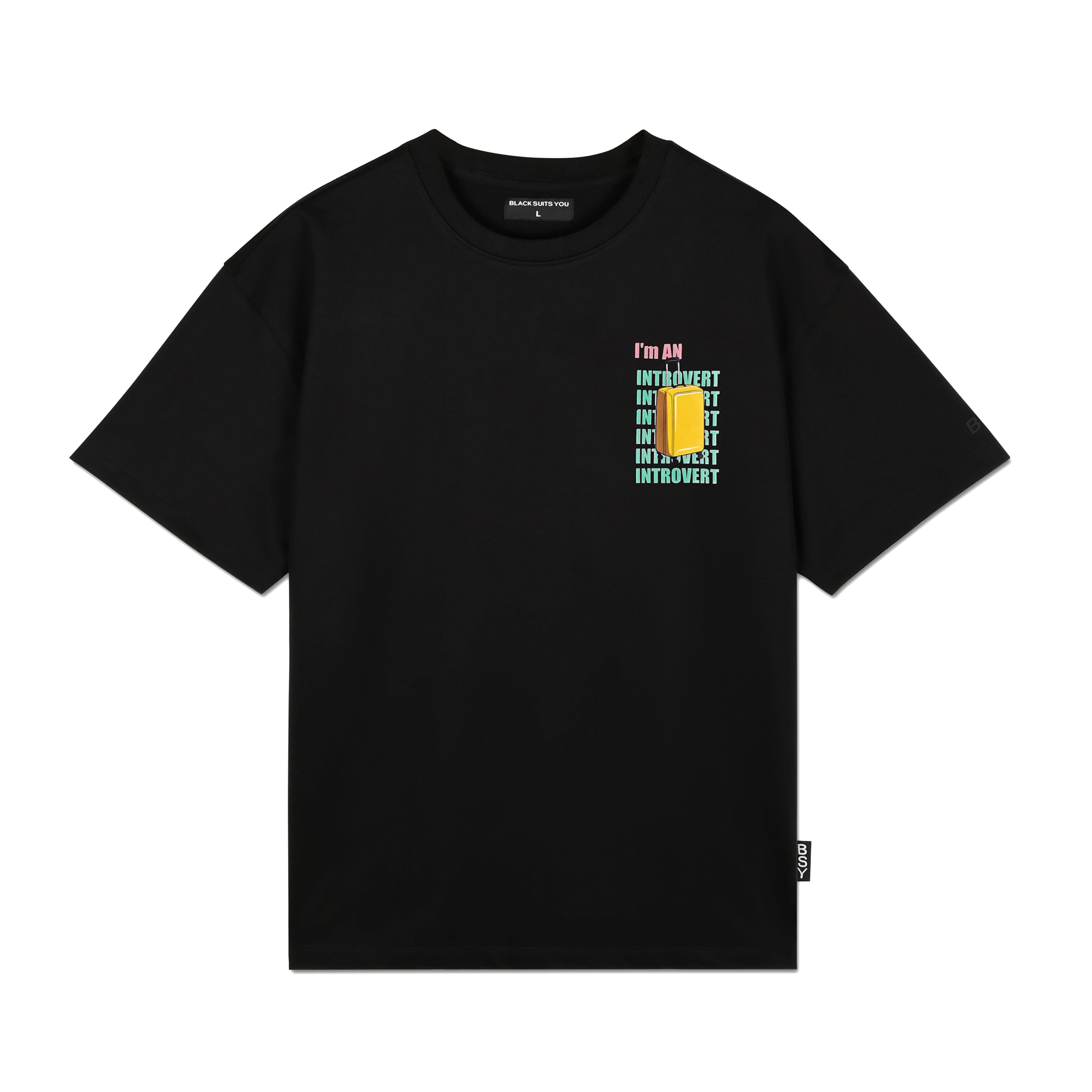 Black streetwear t-shirt with colorful introvert graphic and text on chest, flat lay
