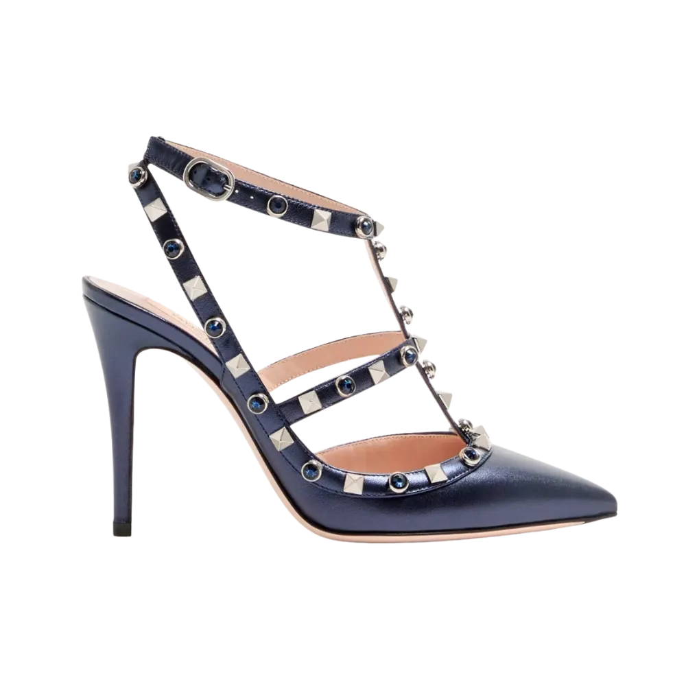 Valentino Rockstud Pumps In Laminated Nappa With Cabochon 100mm Navy
