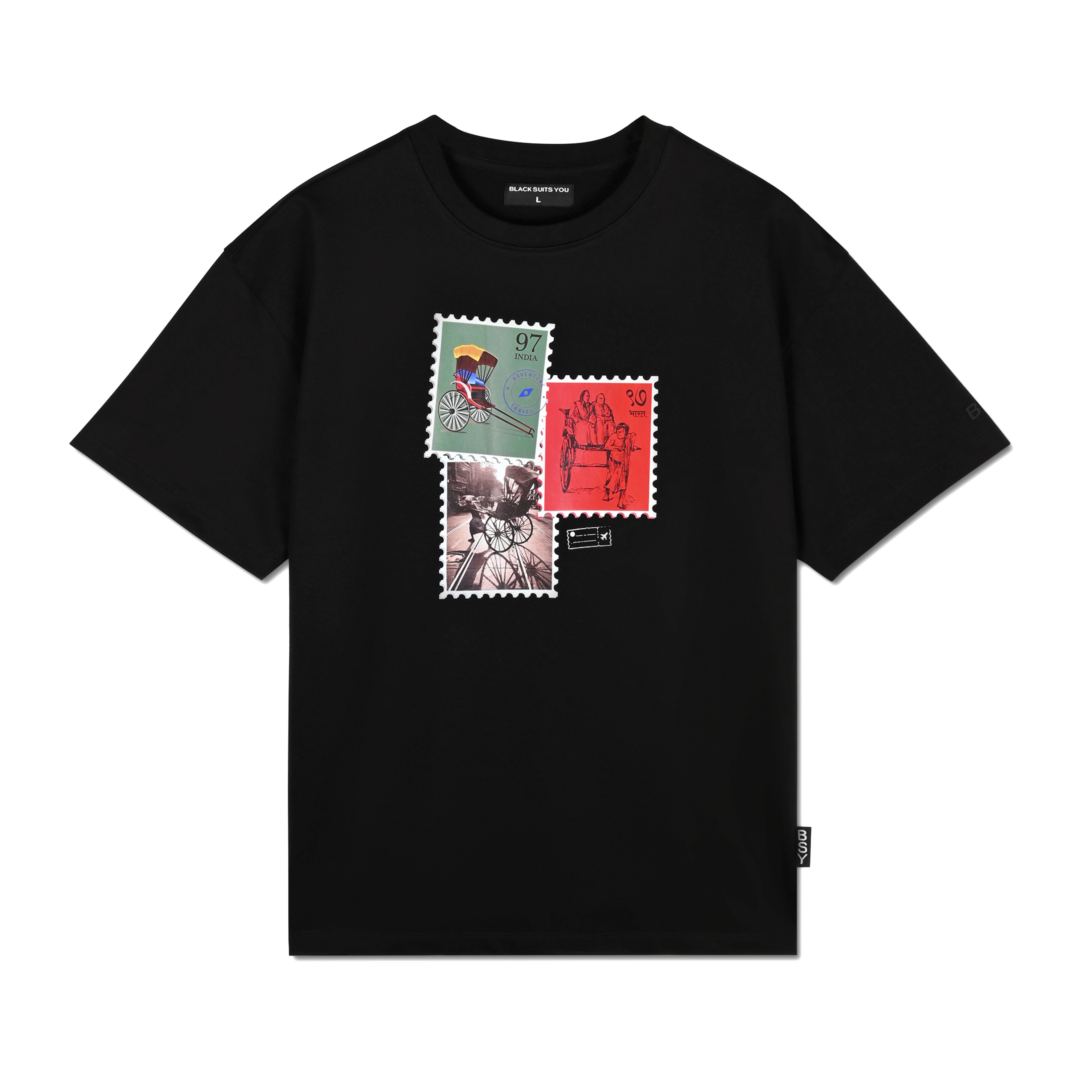 Black streetwear t-shirt with colorful postage stamp graphic prints on the chest, luxury casual fashion