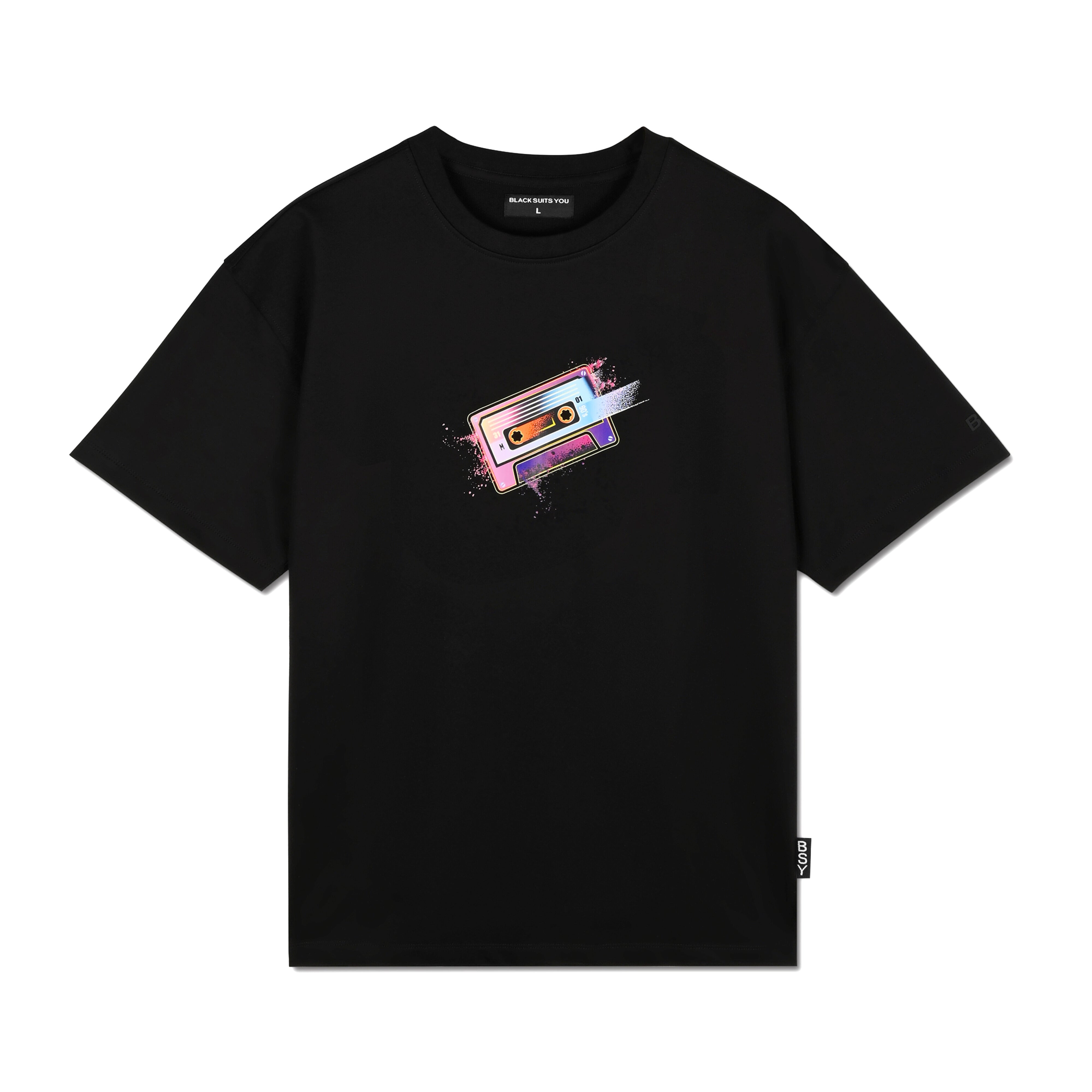 Black streetwear t-shirt with colorful cassette tape graphic on chest, designer style.