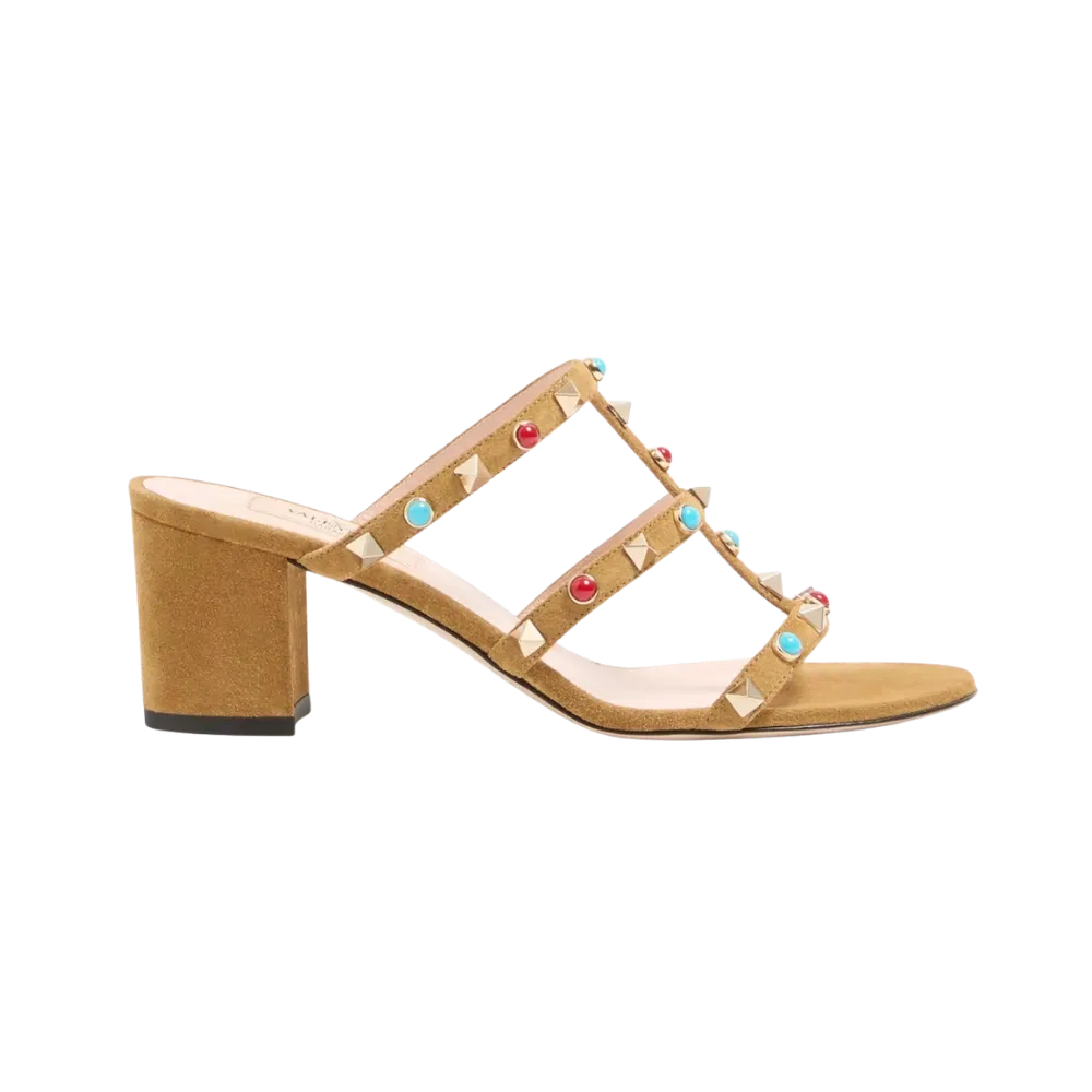 Valentino Rockstud Slide Sandal In Suede With Cabochon Stones 60mm Havana Beige