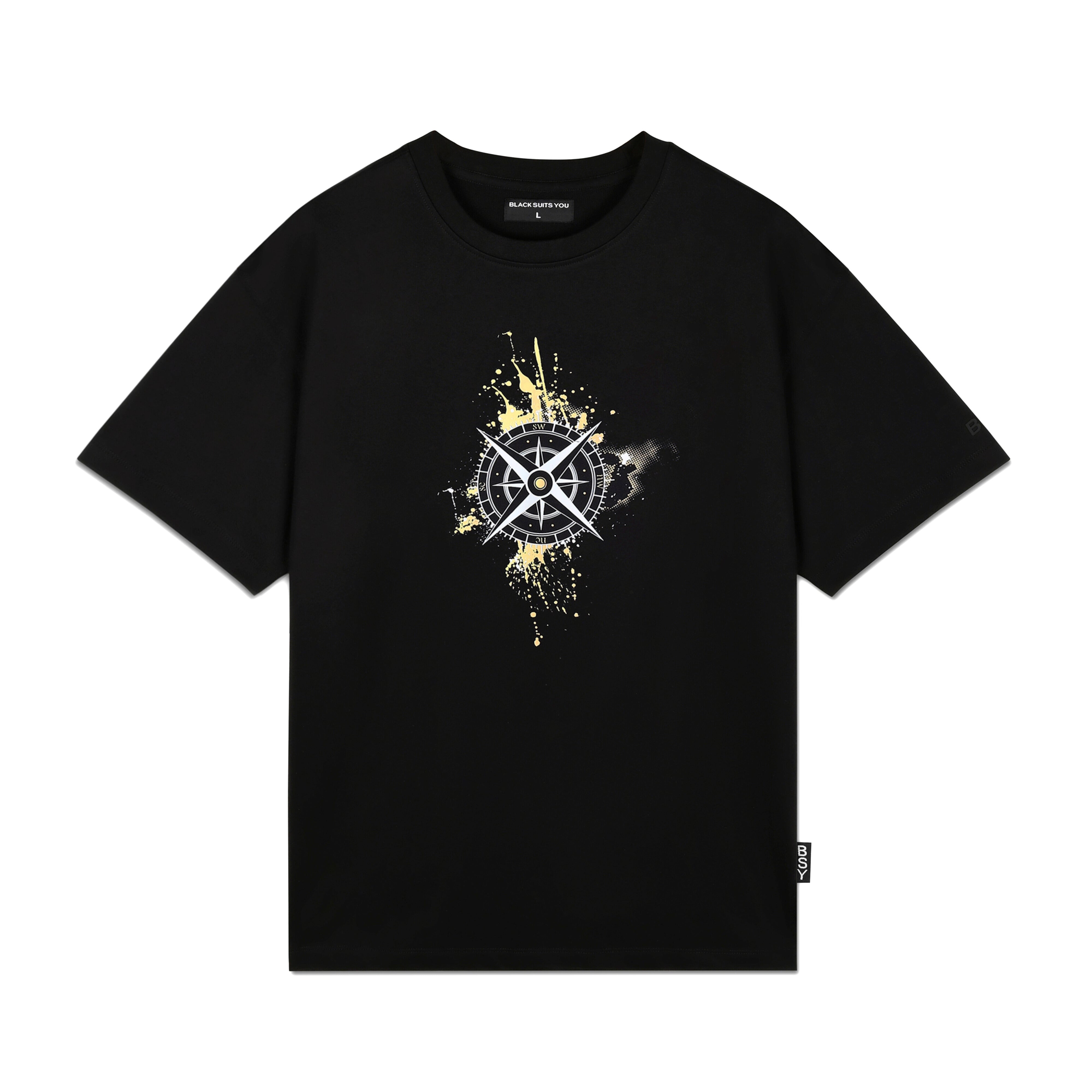 Black streetwear t-shirt with abstract yellow and white compass graphic on front