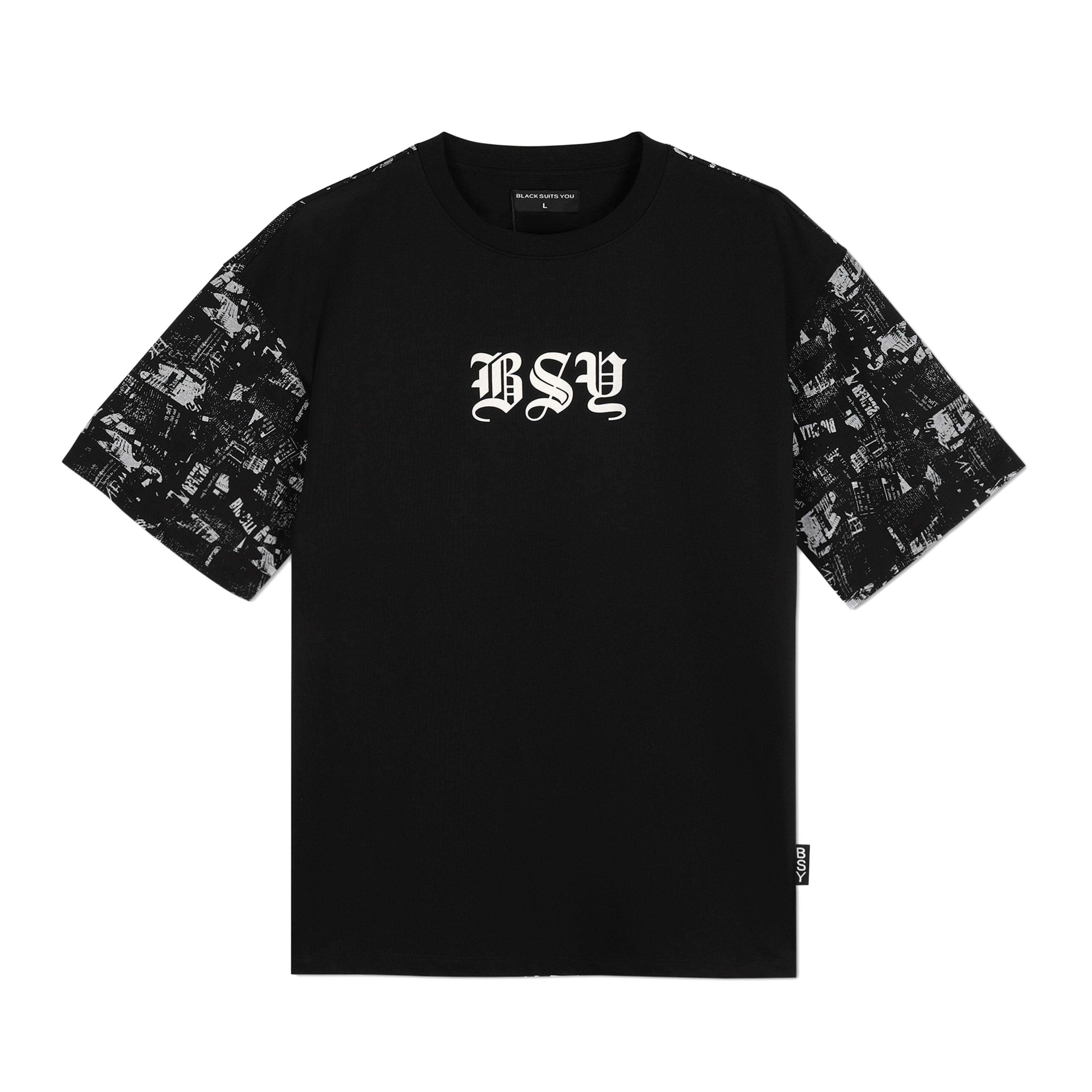 Black streetwear t-shirt with BSY graphic print and patterned short sleeves