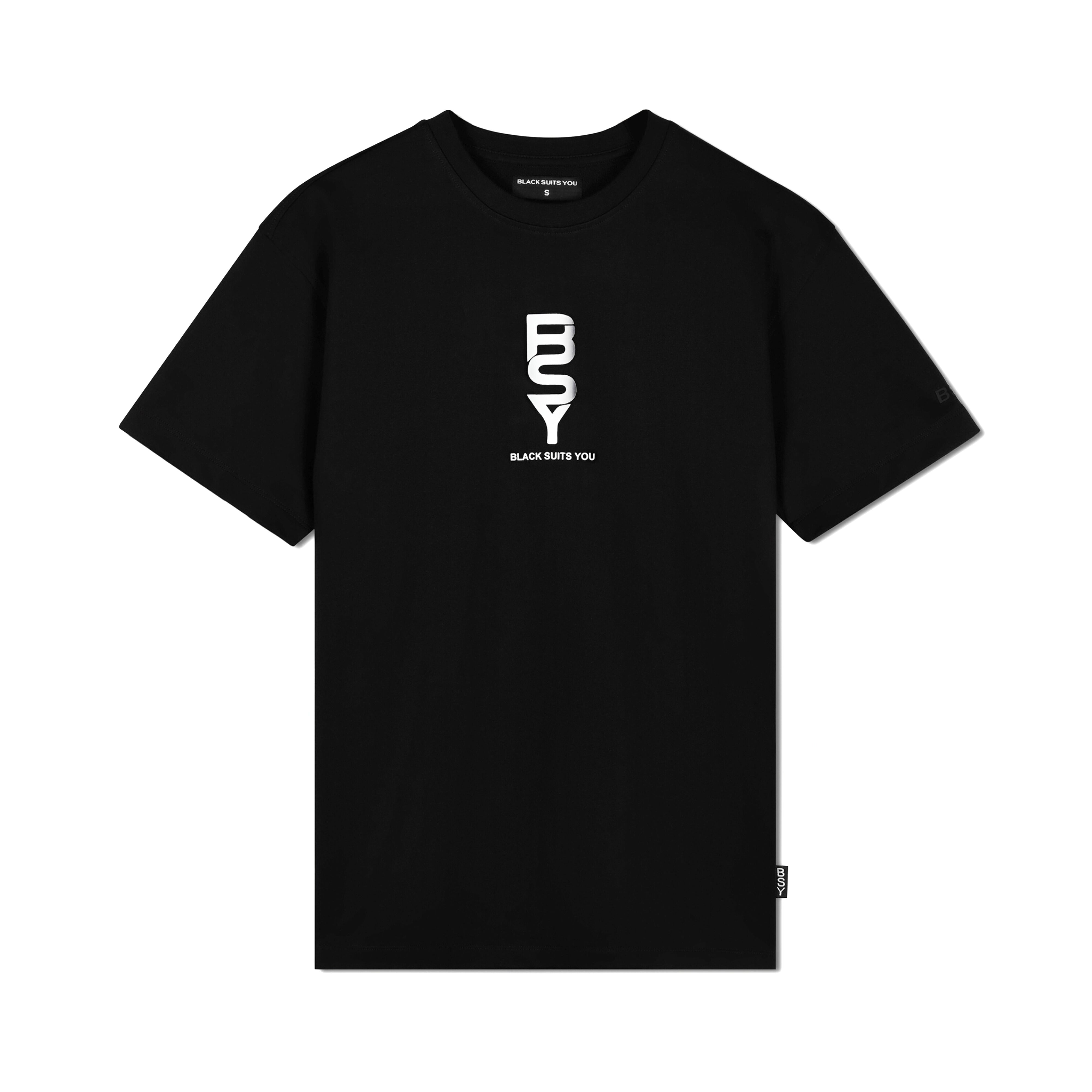Black streetwear t-shirt with 'BSY BLACK SUITS YOU' white logo on chest, minimalist design
