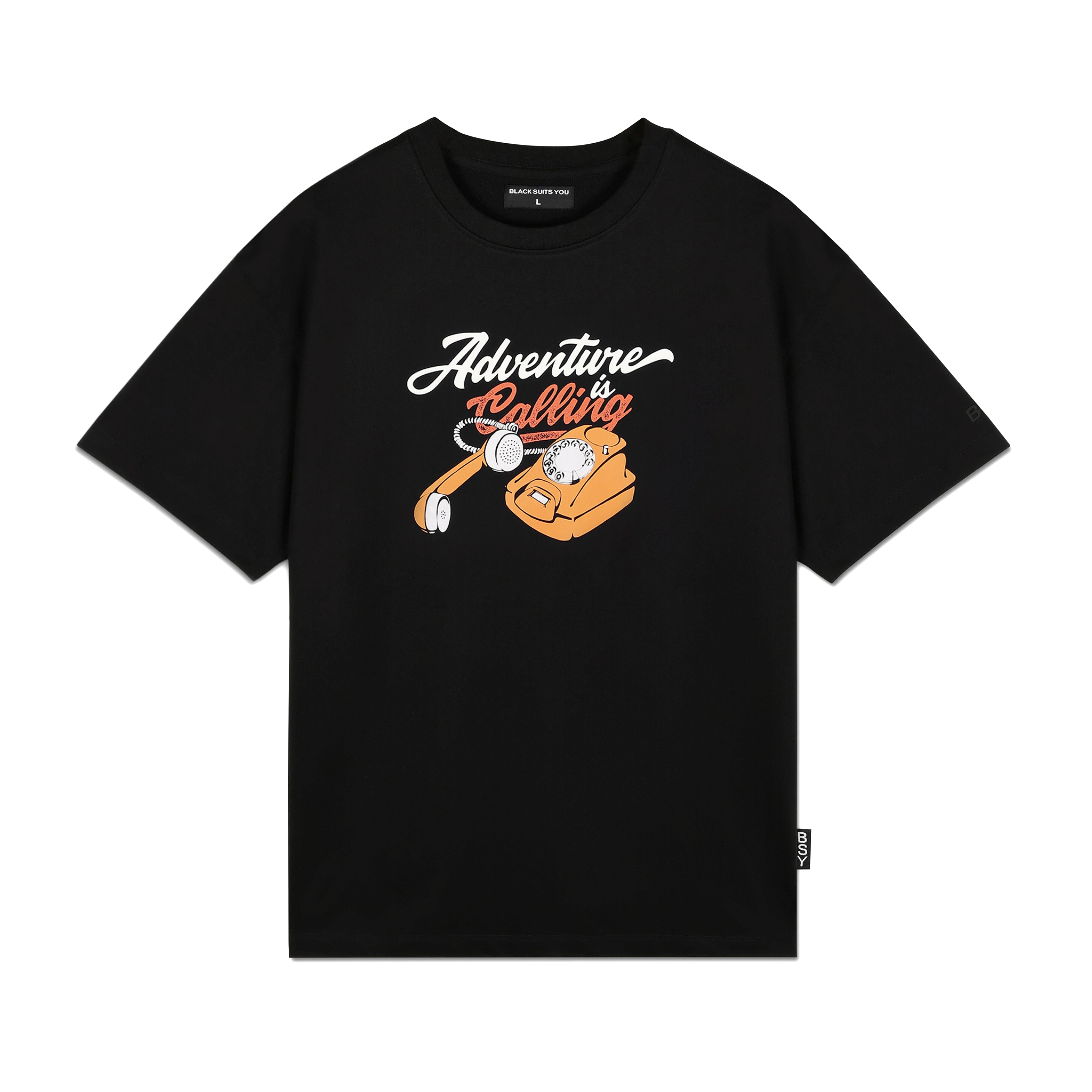Black streetwear t-shirt with 'Adventure is Calling' graphic and vintage rotary phone print