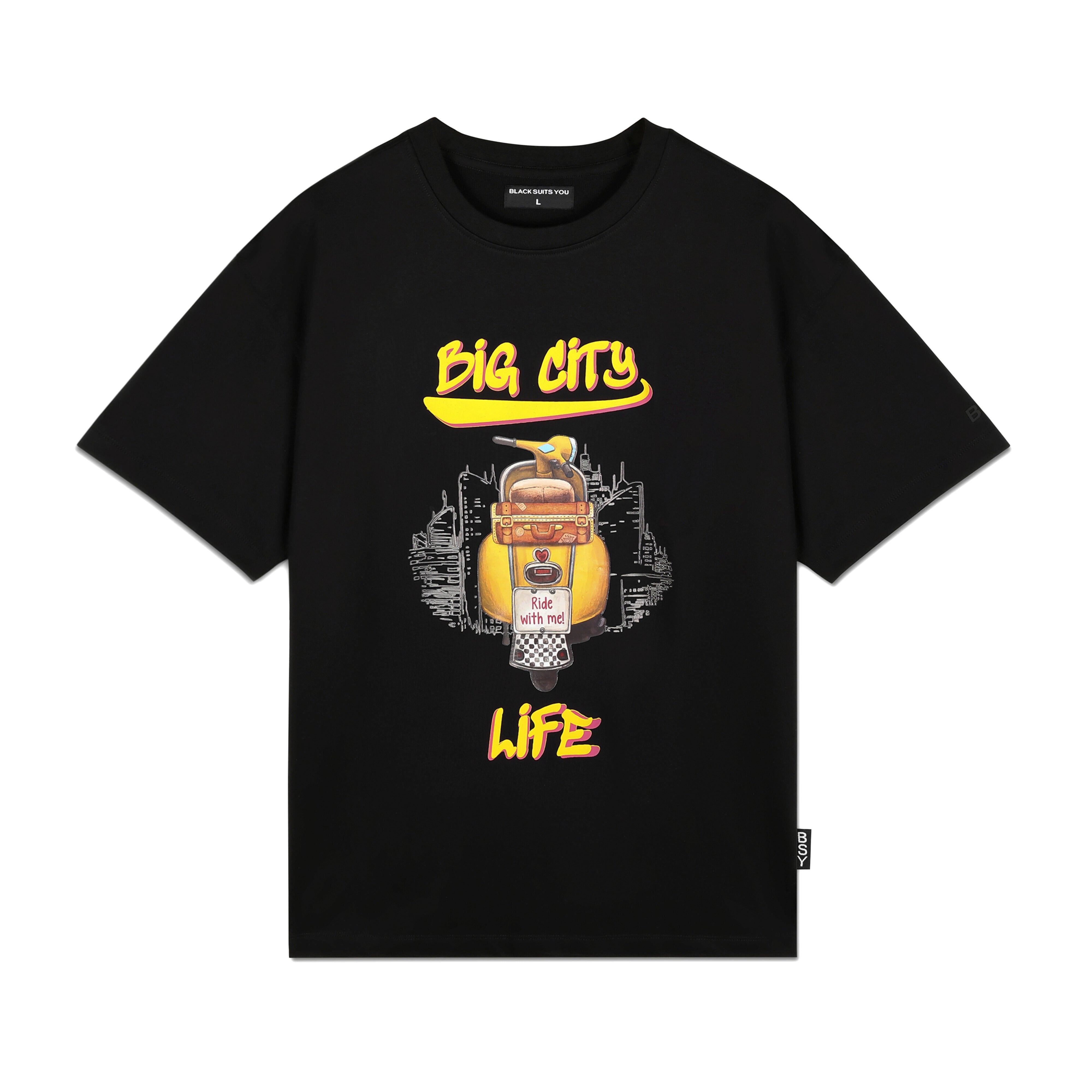 Black streetwear t-shirt with city scooter graphic and 'Big City Life' yellow text